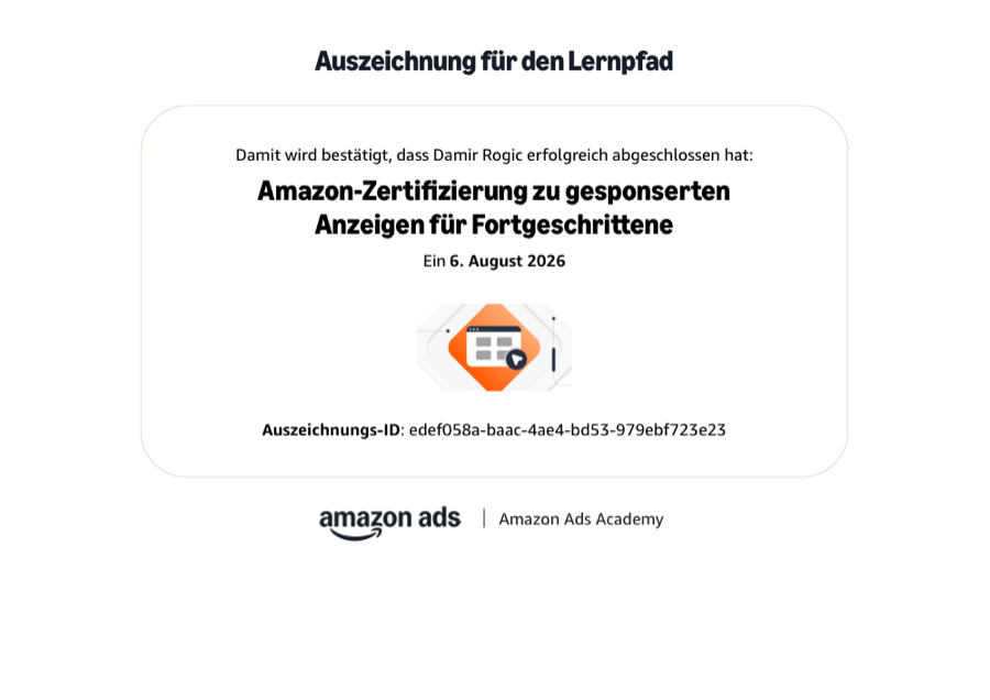 Originalurkunde: Amazon-Zertifizierung zu gesponserten Anzeigen für Fortgeschrittene